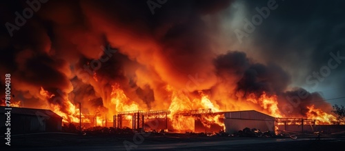 Massive fire ravages a structure, billowing thick smoke into the sky as flames rage uncontrollably