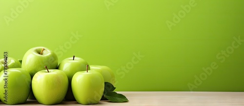 Stacked apples on a table against a green background, creating a vibrant and colorful display.
