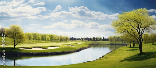 The tranquil golf course is adorned with a picturesque pond and stunning greenery around. photo