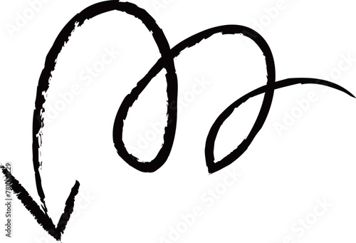 Hand painted curved arrow drawn with ink brush showing the concept of decreasing or downward
