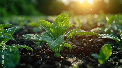 Plants growing in the field, young seedlings, sprouts, and leaves, nurtured by soil for a bountiful harvest.