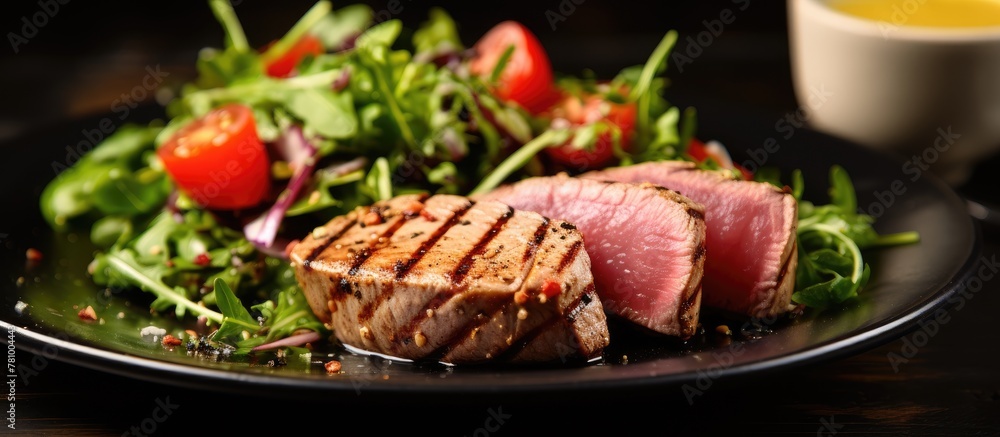 Plentiful plate of delicious cooked meat and fresh assorted vegetables up close Plentiful plate of delicious cooked meat and fresh assorted vegetables up close