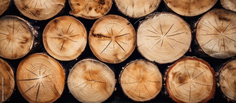 Stack of chopped timber in close-up set against a dark background, creating a striking contrast Stack of chopped timber in close-up set against a dark background, creating a striking contrast