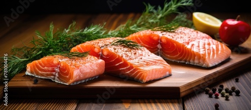 Fresh salmon fillets placed on a wooden cutting board, garnished with slices of lemon and sprinkled with black pepper