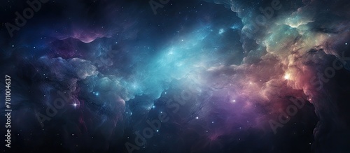 Mysterious dark blue and purple galaxy filled with cosmic clouds, twinkling stars, and celestial beauty