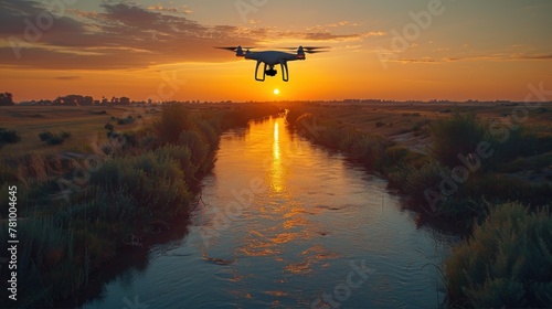 Technology drone flying to monitor above river analysis to drought crisis.