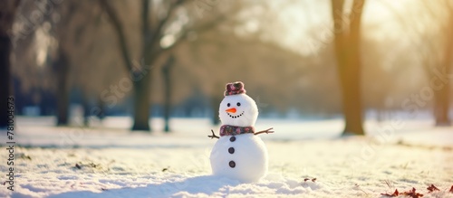 Snowman standing in a snowy park filled with tall trees in winter photo