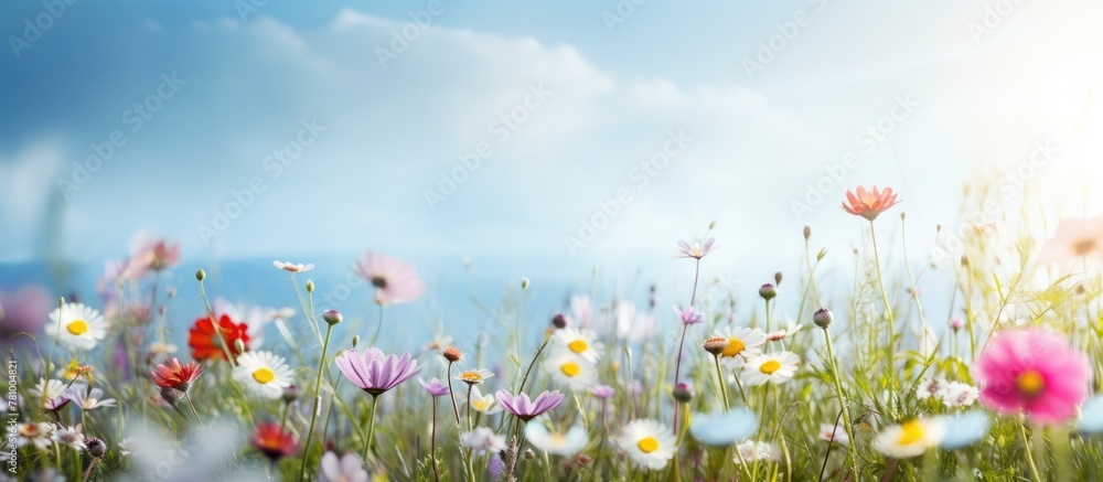 Radiant sun peeks through fluffy clouds above a vibrant meadow filled with colorful flowers