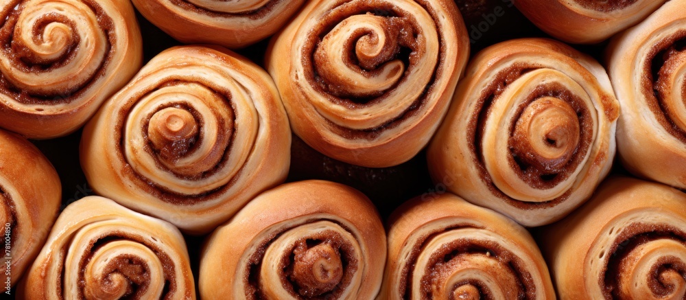 A delicious close-up view of freshly baked cinnamon rolls covered in rich chocolate icing A delicious close-up view of freshly baked cinnamon rolls covered in rich chocolate icing