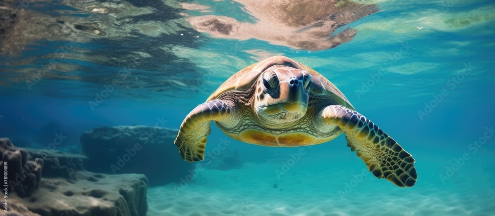 Obraz premium Turtle gracefully gliding through ocean, head protruding above water surface in a serene marine environment