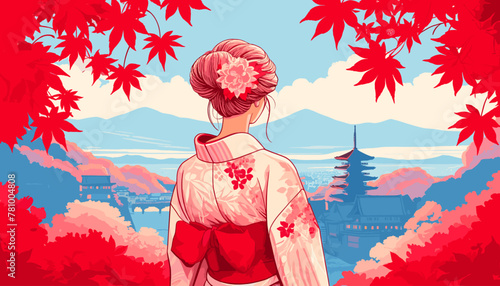 Concept of Kyoto in the autumn leaves. Vector illustration.