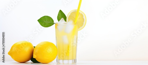 Refreshing lemonade served in a glass with a straw and slices of fresh lemons beside it photo