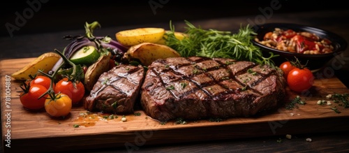 The close-up image showcases a juicy steak placed on a wooden cutting board and surrounded by a colorful assortment of fresh vegetables