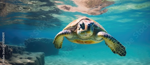 Turtle gracefully gliding through ocean  head protruding above water surface in a serene marine environment