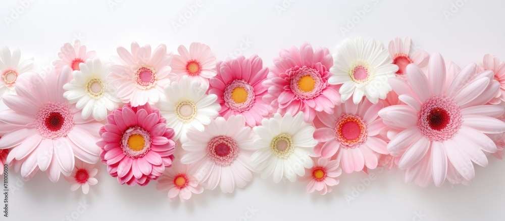 Pink and white flowers arranged sequentially on a clean white background, creating a simple and elegant display. Pink and white flowers arranged sequentially on a clean white background, creating a simple and elegant display.