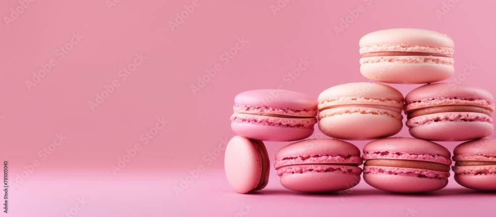 Fototapeta premium Stacked pink macarons resting on top of one another creating a delightful sweet treat