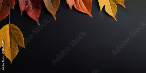 Autumn leaves on a black background Autumn background Top view.