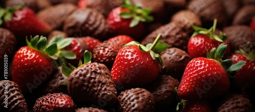 A close-up view of a stack of luscious strawberries fully coated in rich chocolate  creating a tempting dessert display