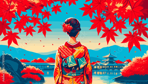 Concept of Kyoto in the autumn leaves. Vector illustration.