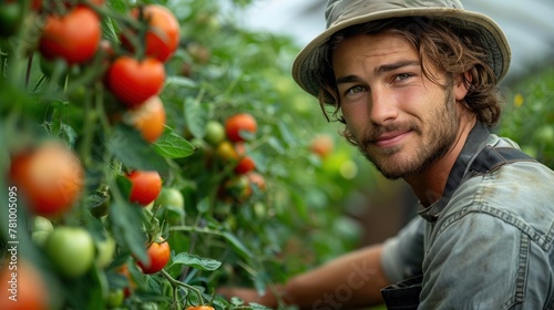 Gardener man tending and harvesting red tomatoes in organic farm.
