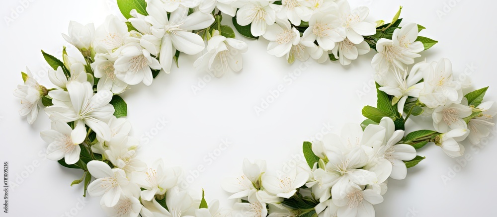 Cluster of white flowers arranged in a circular shape resting on a light-colored background Cluster of white flowers arranged in a circular shape resting on a light-colored background