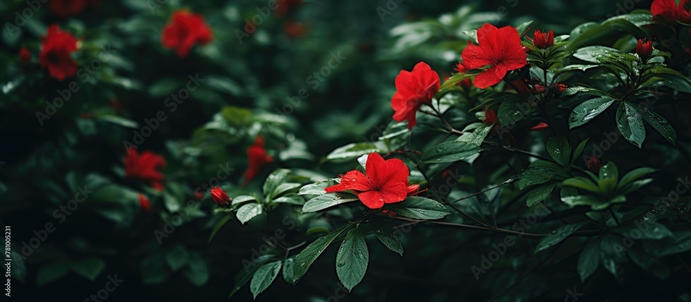 Obraz premium Red flower blooming among vibrant green leaves on a tree branch