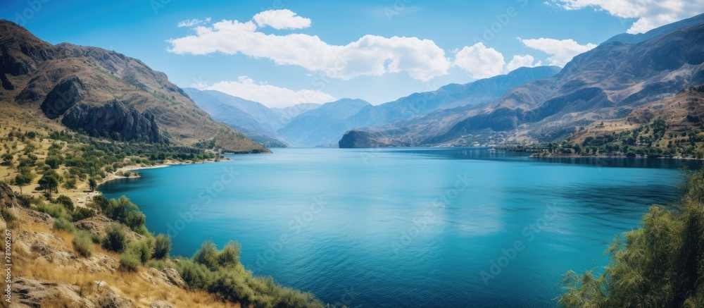 Scenic view of a tranquil lake nestled amidst majestic mountains and lush foliage