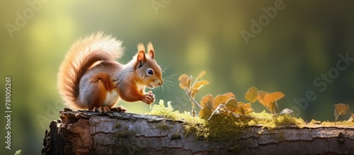 Squirrel munching on a nut while perched on a tree stump in the woodland setting