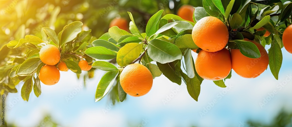 Ripe, juicy oranges are hanging abundantly from the branches of a tree adorned with vibrant green leaves Ripe, juicy oranges are hanging abundantly from the branches of a tree adorned with vibrant green leaves