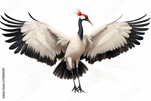 Regal red-crowned crane spreading its wings in an elegant display  isolated on white solid background