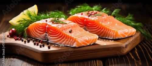 Fresh salmon fillets resting on a wooden cutting board with aromatic herbs and slices of lemon