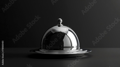 Shiny silver cloche on plate against dark background, suggesting fine dining experience