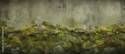 Detailed view of a wall covered in vibrant green moss contrasting with a textured concrete background © Ilgun