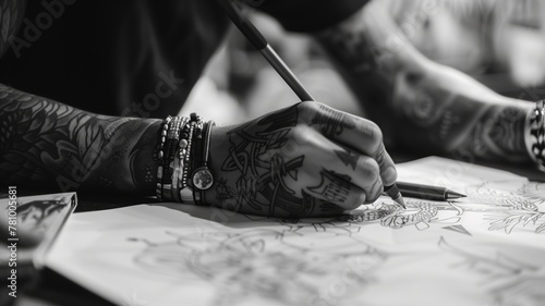 Tattooed hands sketching design on paper in black and white photo