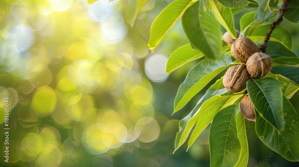 Walnut tree branches with ripe nuts in sunlight against blurred green background bokeh lights - obrazy, fototapety, plakaty 