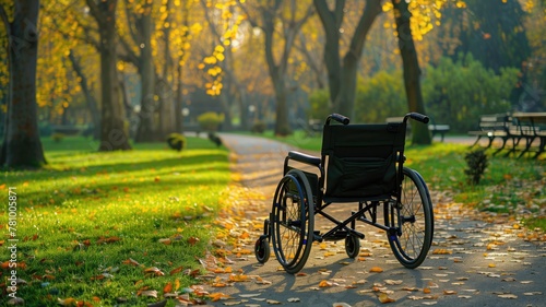 Empty wheelchair in sunlit park with fallen leaves on ground