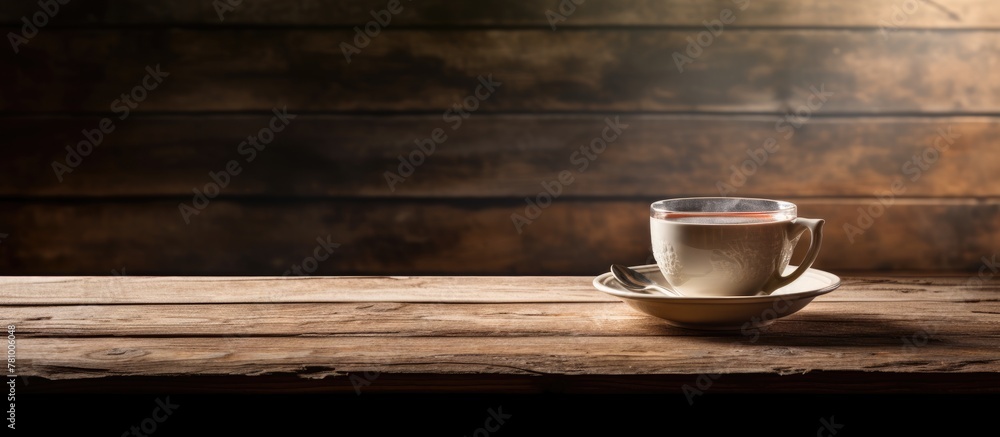 Cup of coffee neatly placed on a saucer resting on a wooden table surface Cup of coffee neatly placed on a saucer resting on a wooden table surface
