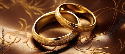 Two elegant wedding rings placed on a luxurious gold satin cloth