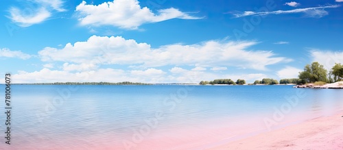 Sandy shore adorned with pink sand, crystal blue waters, and a few trees dotting the coastline