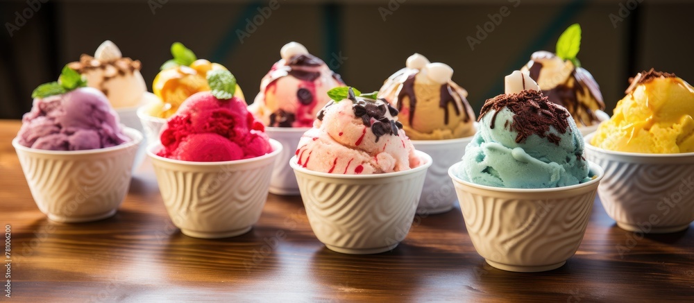 Various flavors of ice cream, displayed in small bowls on a tabletop