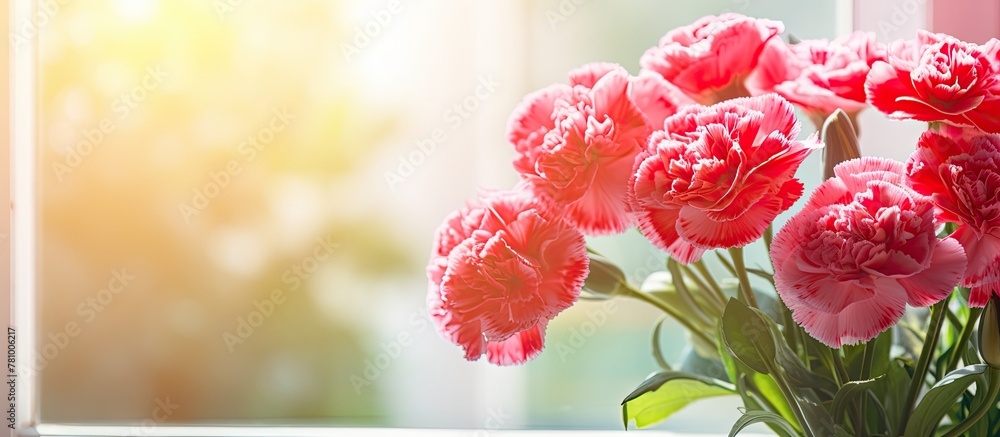 Obraz premium Pink blossoms arranged in a glass vase placed on a windowsill