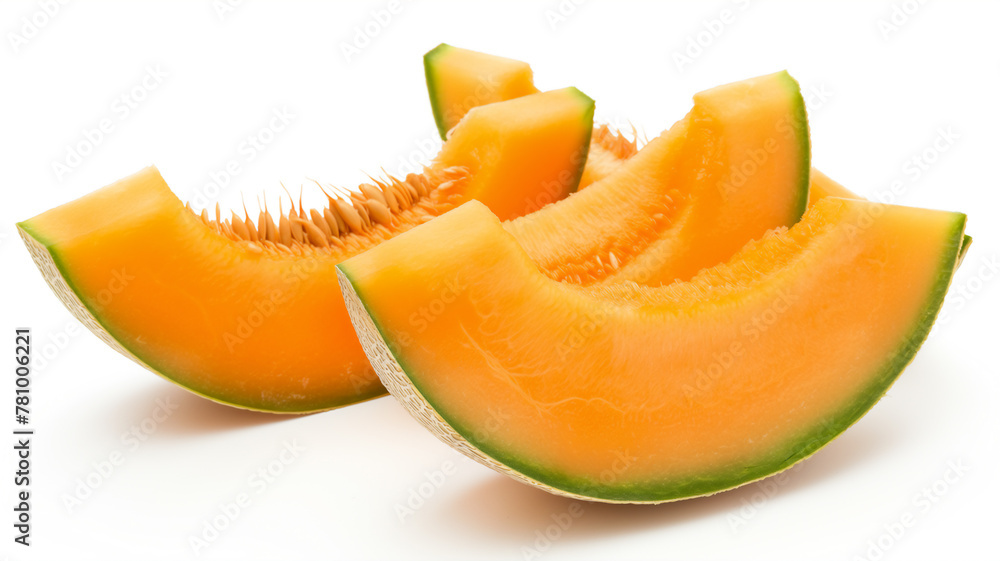 Sliced cantaloupe melon pieces on a white background.
