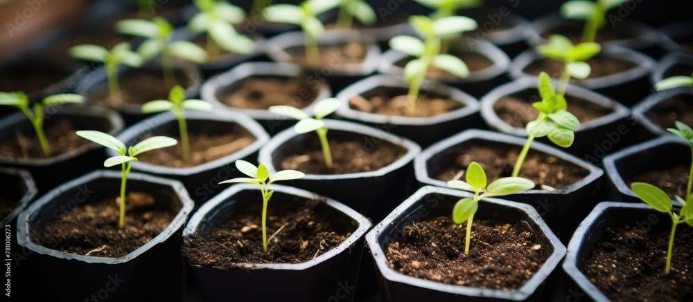 Various small plants in plastic pots are arranged closely in a focused image Various small plants in plastic pots are arranged closely in a focused image