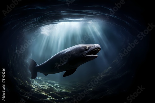Electric eel emitting a captivating display of light in a mysterious underwater cave, isolated on white solid background photo