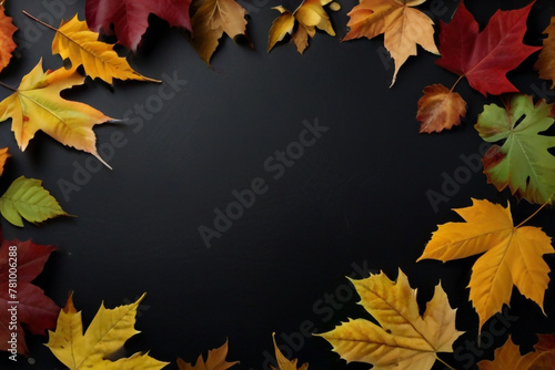 Autumn leaves on a black background Autumn background Top view.