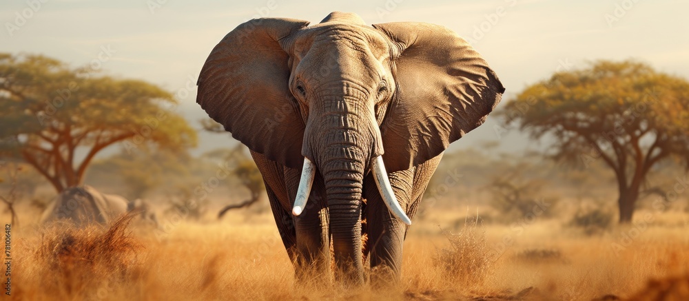 Large elephant gracefully moving through dense grassland, blending into its natural habitat, exuding a sense of majesty and power.