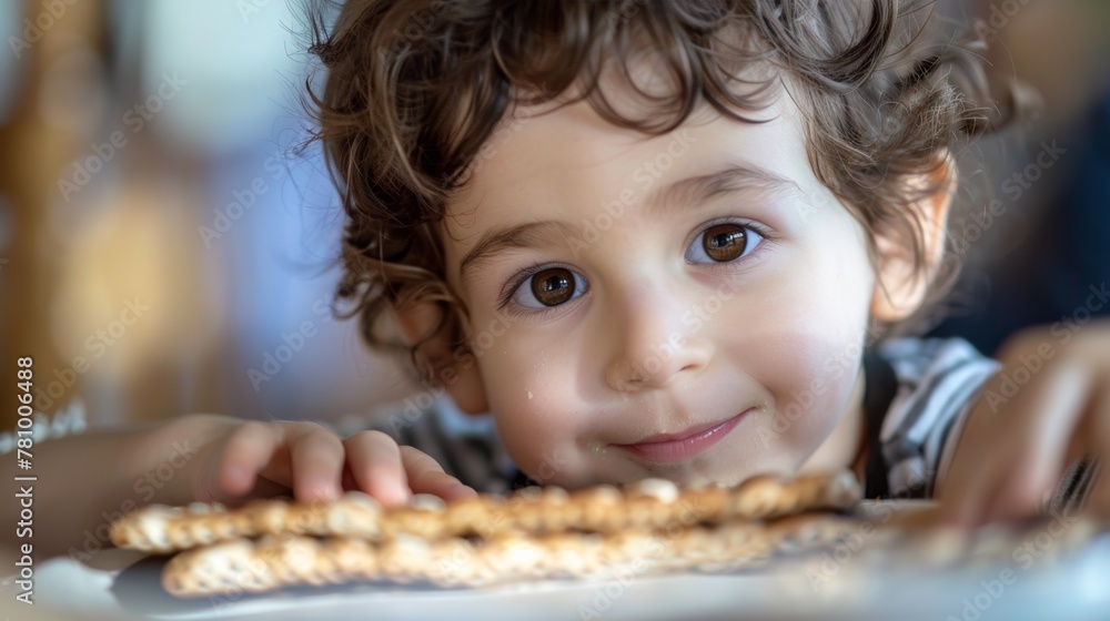  A small child hiding a piece of matzah for traditional of Holiday on Passover. - obrazy, fototapety, plakaty 