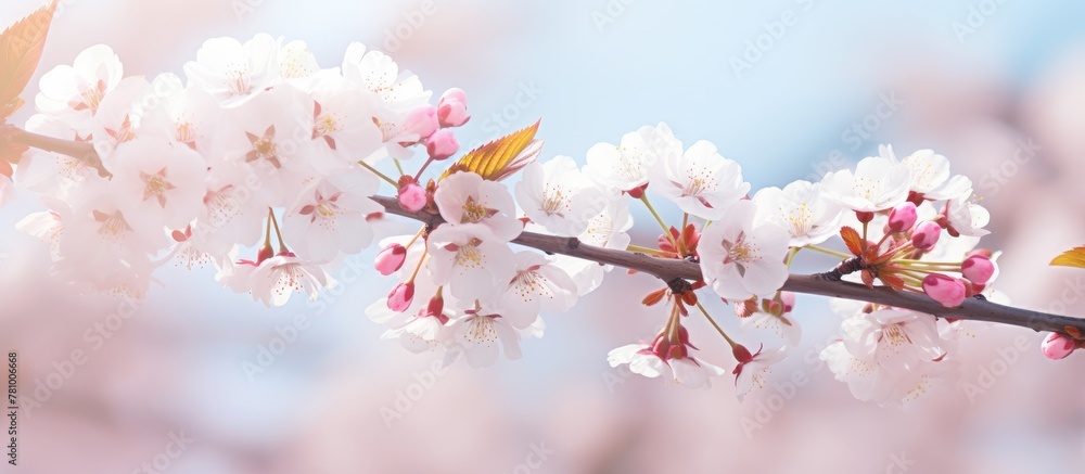 Flowering cherry tree branch captured in full bloom, showcasing delicate white flowers against a natural backdrop