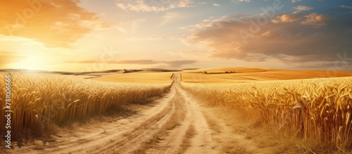 Individual leisurely walking on rustic path surrounded by golden wheat field under clear sky