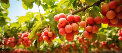 Cluster of fresh, ripe fruits hanging from a tree, ready for harvesting. The fruits look vibrant and plentiful under the sunlight.